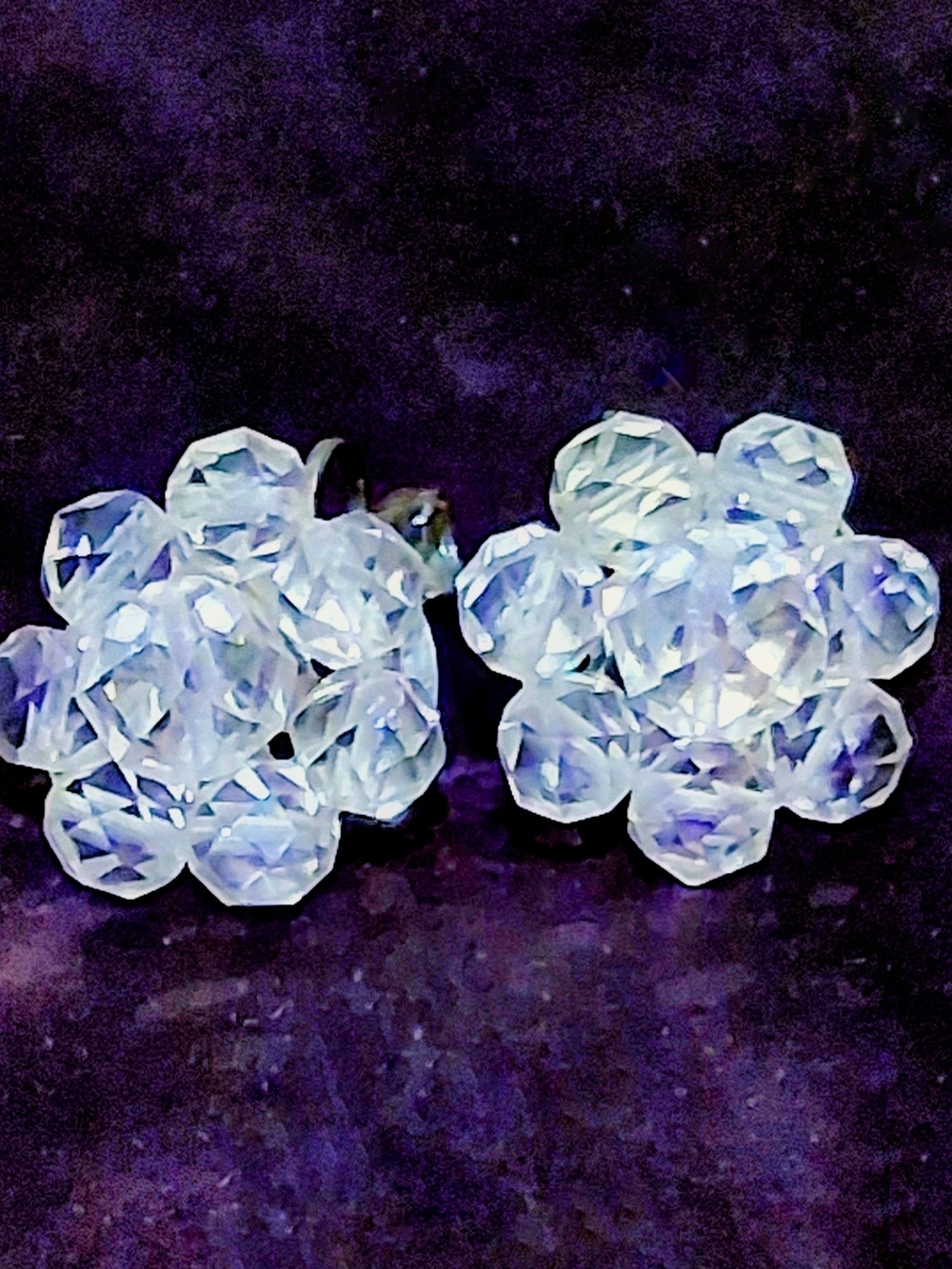 Vintage Sterling Silver Crystal Flower Cluster Clip On Earrings